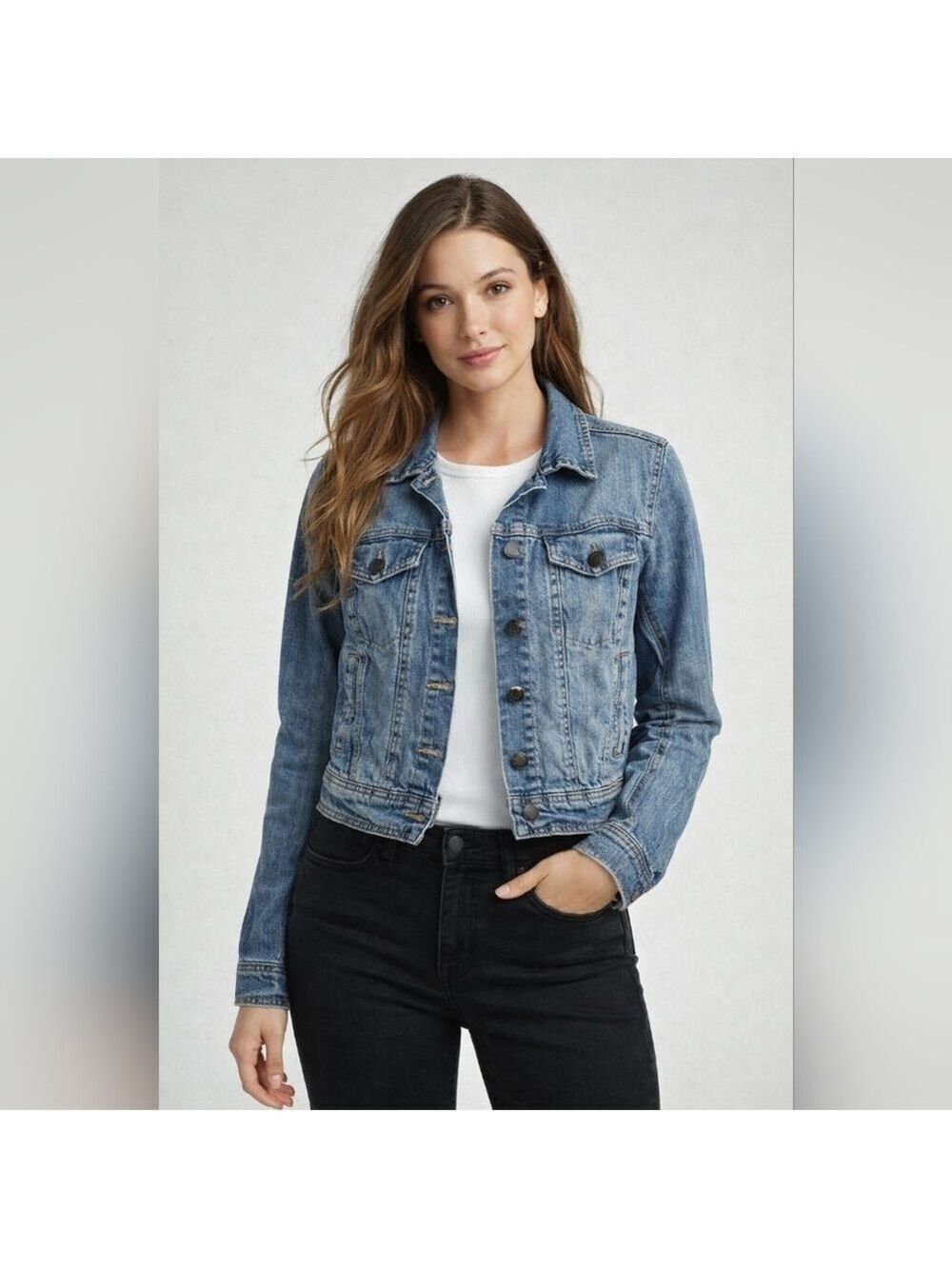 Mossimo Cropped Trucker Jacket Classic Blue Jean Jacket Casual Layering - Picture 10 of 14